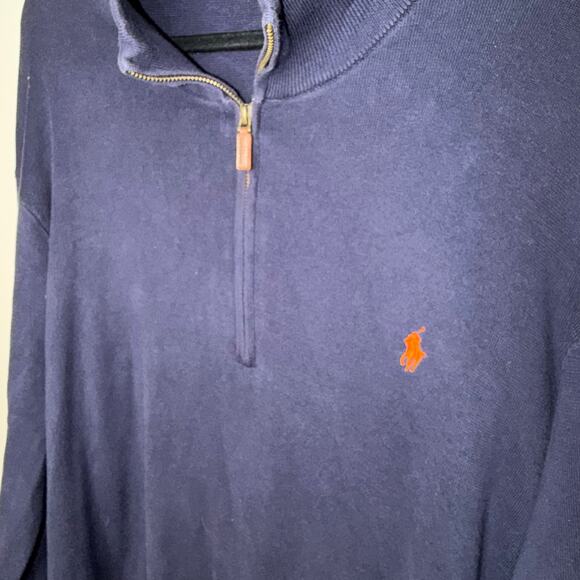 Polo Ralph Lauren Mens 3XLT Navy Blue Orange Embroidered Pony 1/4 Zip Sweater - Picture 2 of 6